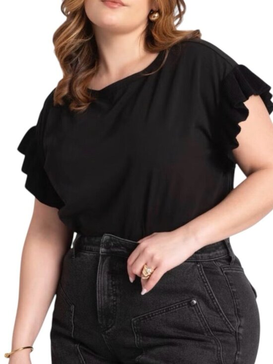 ELOQUII Tops - Eloquii Women's Black Ruffle Sleeve Tee Top Size 18/20 Cotton Blend Stretch NWT